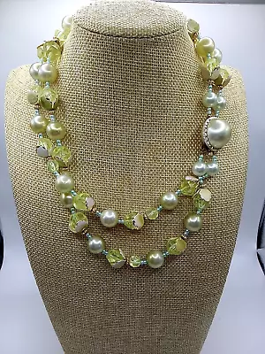 Vintage Faux Pearl And Faceted Bead Necklace Enamel Leaf Cap Double Strand 16  • $18.99