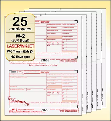 2022 IRS Tax Form W-2 Wage Stmts 25 Employees LASER +(3)W3 #W2TRADS605 - NO Env • $25.30