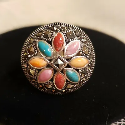 Sterling Silver MARCASITE TURQUOISE CORAL RHODOCHROSITE & CALCITE Ring Sz 8 • $44.06