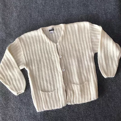 Vintage 90s Express Tricot Sweater Cardigan Small Mohair Cream Pockets Cableknit • $48.98