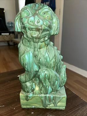 Vintage Jade Green Glazed Porcelain Foo Dog Palace Guardian 14”x7” Tall • $48