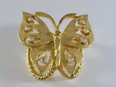 Vintage Scarf Slide Clip Butterfly Diamond Cut Gold Tone Pronged Clear Crystal • $14.99