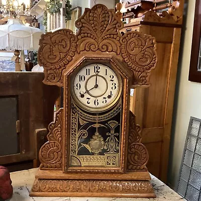 Antique Gingerbread Wood Mantle Ingraham Clock Pendulum Key 1880's Ornate Glass • $79.99