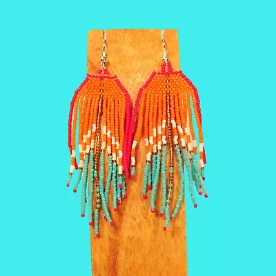 3  LONG Handmade Orange Multi Color Chandelier Boho  Dangle Seed Bead Earring • $10.99