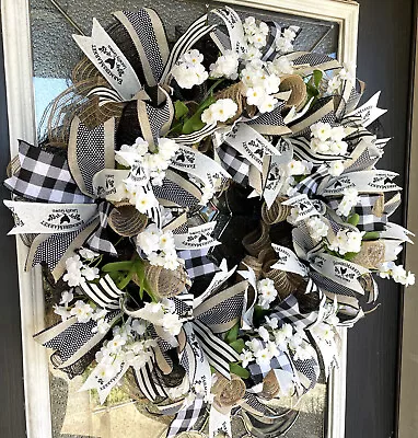 Stunnng Black White & Cream Modern Farmhouse Deco Mesh Front Door Wreath Decor • $145