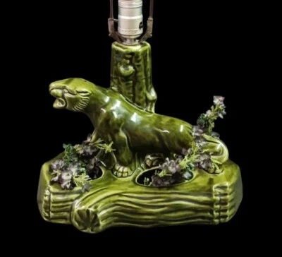 $74.50 • Buy Vintage 1950s Mid Century Green Ceramic Tiger/Panther TV Lamp & Planter Cat 