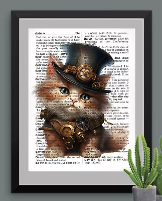 Steampunk Kitty Cat Printed On Vintage Dictionary Page Art Print Cat Lovers Gift • $8.95