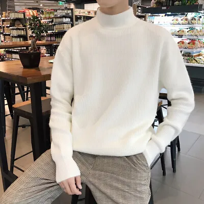 Winter Men's Cashmere Casual Sweater Turtleneck Knitwear Warm Woolen Pullover UK • £34.33