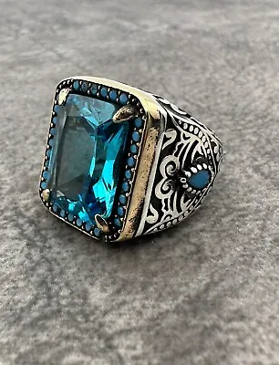 Mens Authentic Motif Aquamarine 925 Sterling Silver Ring Vintage Gift For Him • $59.92