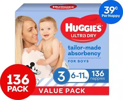 Huggies Ultra Dry Size 3 6-11kg Boys' Nappies 136pk • $179.99