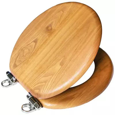 Round Wood Toilet Seat Closed Front Lid Honey Oak Brass Hinge Bathroom Hardware • $41.23