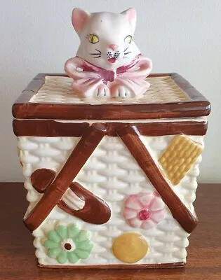 Vintage Ceramic Cat In Basket Biscuit Barrell / Cookie Jar • $110