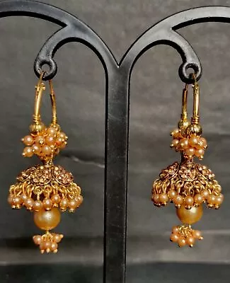 22K Gold Plated CZ Pearl Jhumka Earrings Indian 2.5  Long  Fashion SET Ja554 • £15.07