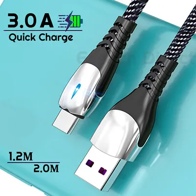 USB C Charging Cable Braided Power Indicator Light Fast Phone Charger Long Lead • £2.80