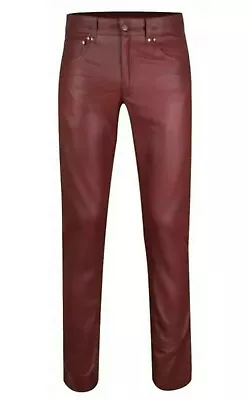 Men GENUINE COW LEATHER Jeans Style 5 Pocket Motorbike Burgundy Pants • $114.79