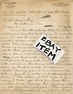 1903 Letterhead HEREFORD DALLAS Texas J B STITELER Keating BF Avery Disc Plow Co • $174.30