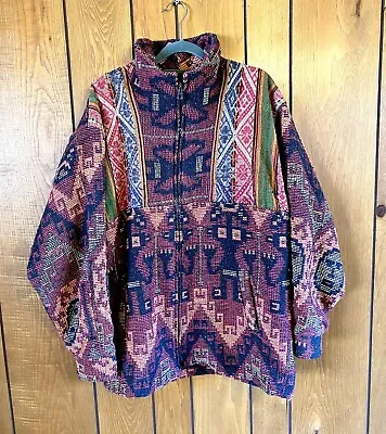 Funky Hippie Vintage Colorful Aztec Knit Patchwork Printed Jacket Handmade 2XL • $78.79