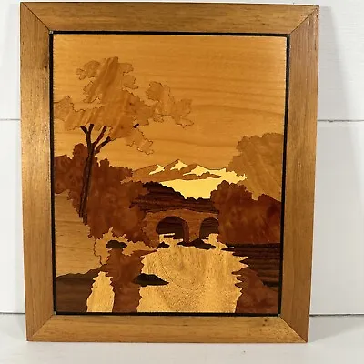 Folk Art Marquetry Wood Inlay Bridge River Mountains Wall Plaque ~ 12” X 10” • $20