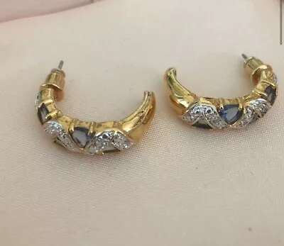 NEW Lab Made Tanzanite CZ Gold Half Moon Hoop Earrings Hoops Gemstone • $48.25