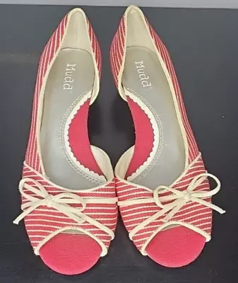 Mudd Women Shoes MANUELA SIZE 8.5 SLIP ON RED BOW STRIPES LOW HEEL ESPADRILLE • $14