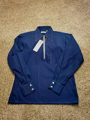 Vintage 70s Work Shirt Medium Mens Blue 1/4 Zip Pointy Collar Pullover NWT • $30