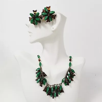 Vintage Western Germany Green & Brown Art Glass Necklace W/ Clip On Earrings • $49.95