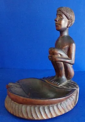£14.85 • Buy Hand Carved Wood Ashtray Tribal Man Sitting Folk Art 7.5 Inches Tall Vintage
