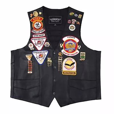 Vtg Gold Wing Biker Leather Vest Sz 48 GWRRA Louisiana Patch Pins Road Captain • $49