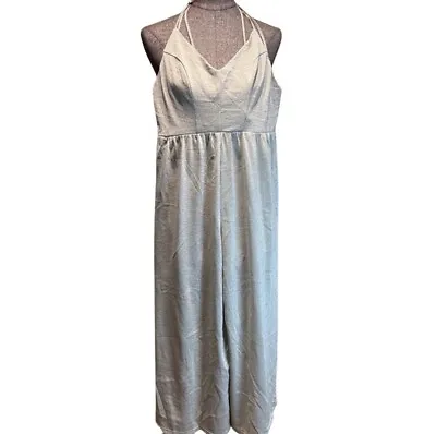 She + Sky Silver Jumpsuit Sz L Lurex Stretchy Metallic Sparkle Wide Leg Flowy • $22.99