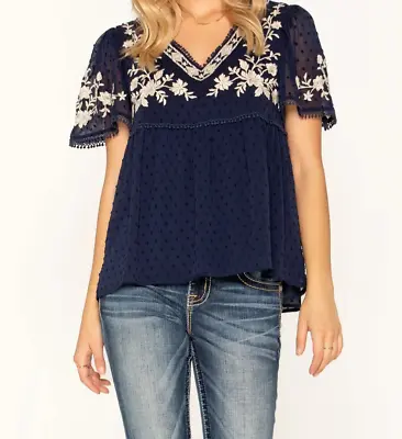 $69 Miss Me Women's Navy Floral Whispers Embroidered Top Blouse Top SZ L • $18.95