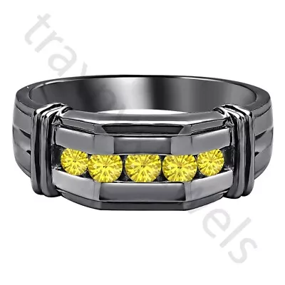 1 Ctw Created Yellow Sapphire 14K Black Gold Over 5-Stone Channel Set Men's Ring • $108.53