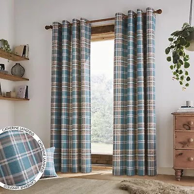 Catherine Lansfield Tweed Woven Check Unlined Eyelet Ring Top Curtains Pair Teal • £44.99