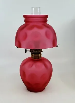 Vintage Cranberry Satin Glass Coin Dot Mini Miniature Kerosene Oil Lamp • $125