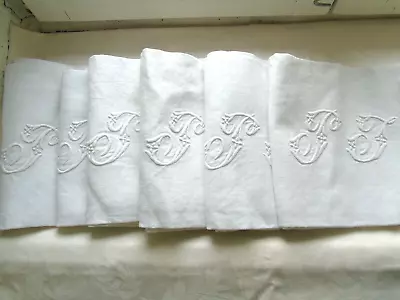 French  6 White Cotton Damask Table Linens Napkins Monogramed  P T   Vintage • $80