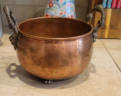 Vintage Copper Cauldron Kettle Pot Hand Hammered Handles Footed Planter  • $55.99