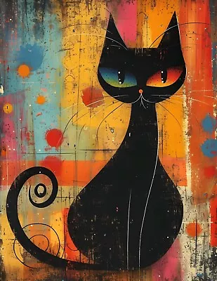 Black Cat Red & Blue Eyes Atomic Mid Century Modern Giclée Art Print 8.5X11 • $9.35