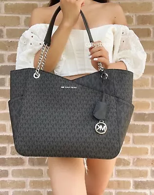 Michael Kors Jet Set Travel Large Chain Shoulder Tote Leather MK Signature PVC • $109