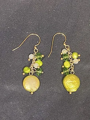 STUNNING VINTAGE YELLOW GOLD PLATED GREEN PEARL & CRYSTAL Chandelier EARRINGS 2” • $27.99