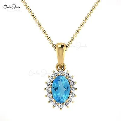 Natural Swiss Blue Topaz Pendant 14k Real Gold 0.11Ct Round Diamond Halo Pendant • $249.91