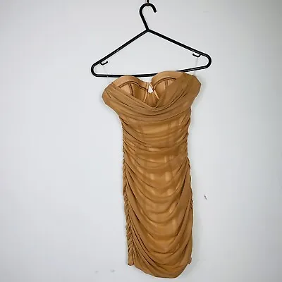 BNWT Oh Polly Ruched Bandeau Corsetry Mesh Overlay Mini Bodycon Dress Tan Size 4 • $85.49