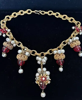 Vintage Unsigned Miriam Haskell Necklace Drippy Faux Pearls And Red Glass Beads  • $625