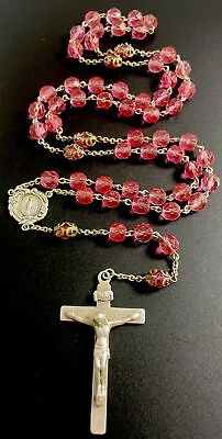 Vintage Catholic Sterling Silver &  Pink Crystal 5 Decade Rosary • $69.99