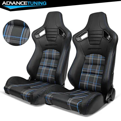 Universal Pair Of Reclinable Black Racing Seats + Dual Slider Blue Stitching • $349.99