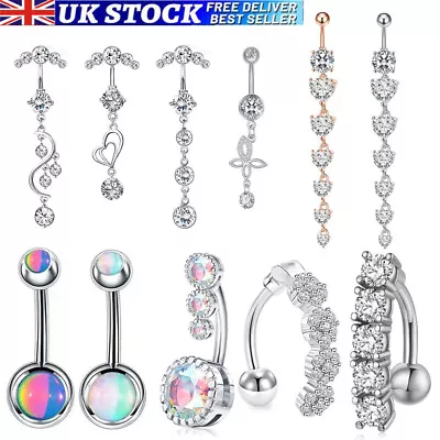 Belly Bars Navel Rings CZ Crystal Gems Belly Button Bar Body Piercing Jewellery • £4.29