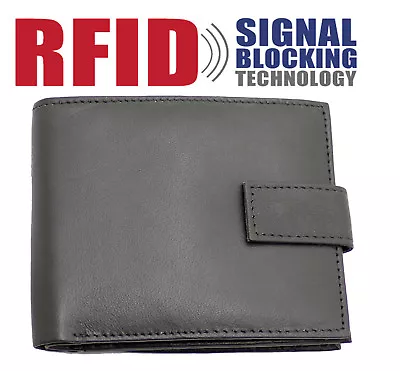 RFID Mens Genuine Leather Wallet With Zip Coin Pocket Purse & ID Window 44 Black • £7.99