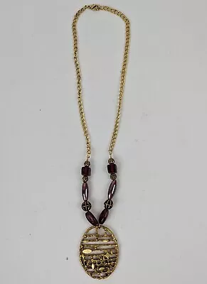 24  Gold-Toned Maroon And Antique Brass Beads With Large 2 1/5  Pendant • $7.50