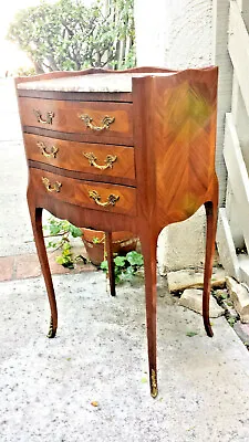 French Nightstand Inlayed Serpentine Rosewood .Marble Top With Bronze Mounts. • $795