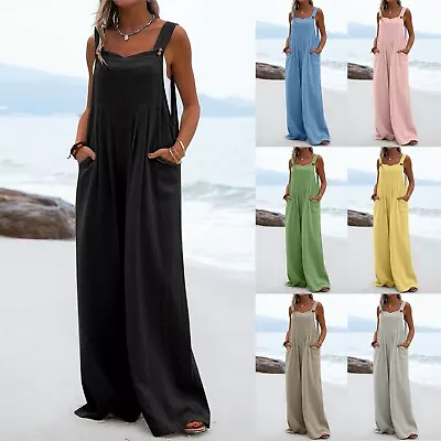 Women's One Piece Button Up Jumpsuit Casual Loose Sleeveless Rompers With Pocket • $37.23