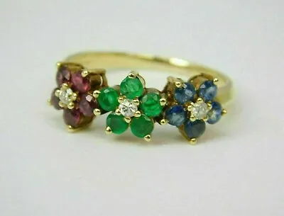 £92.48 • Buy Natural Ruby Natural Emerald & Natural Sapphire 925 Sterling Sliver Flower Ring
