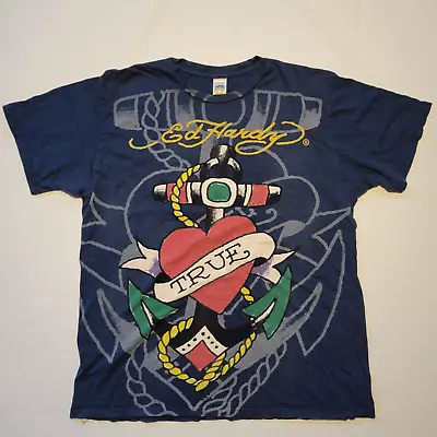 Vintage Ed Hardy T Shirt XL Blue  True Love  Christian Audigier Don Ed USA • $44.95